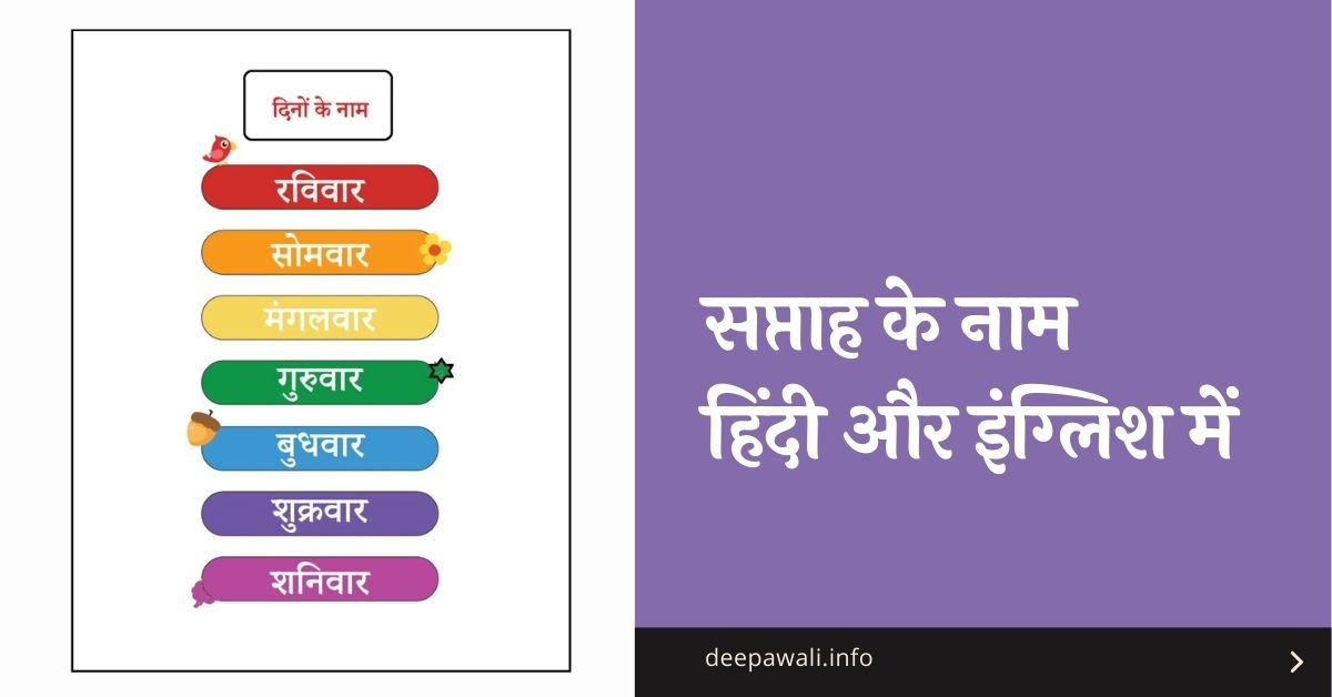 सप्ताह के नाम इंग्लिश में हिंदी में - Week Days Name In Hindi And English (Hindi Days Of The Week In Hindi)